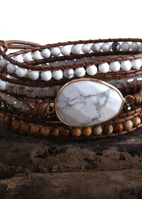 Boho Bracelet, RH 5 Layers Leather Wrap Bracelet, Crystal and Natural Stones